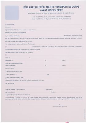 Déclaration préalable de transport de corps avant mise en bière